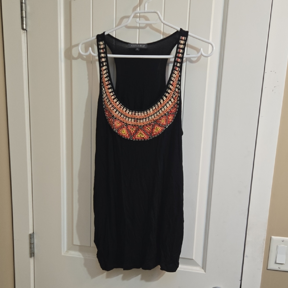 Addition Elle Plus Size 1x Black Tank Top with Vibrant Beads Embeded Necklace